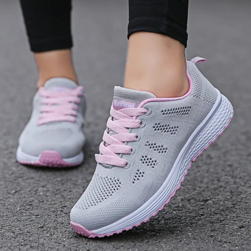 Women's Fashion Breathable Mesh Walking Shoes - Solid Pattern, Lace-up Closure, Flat Heel, Perfect for all seasons