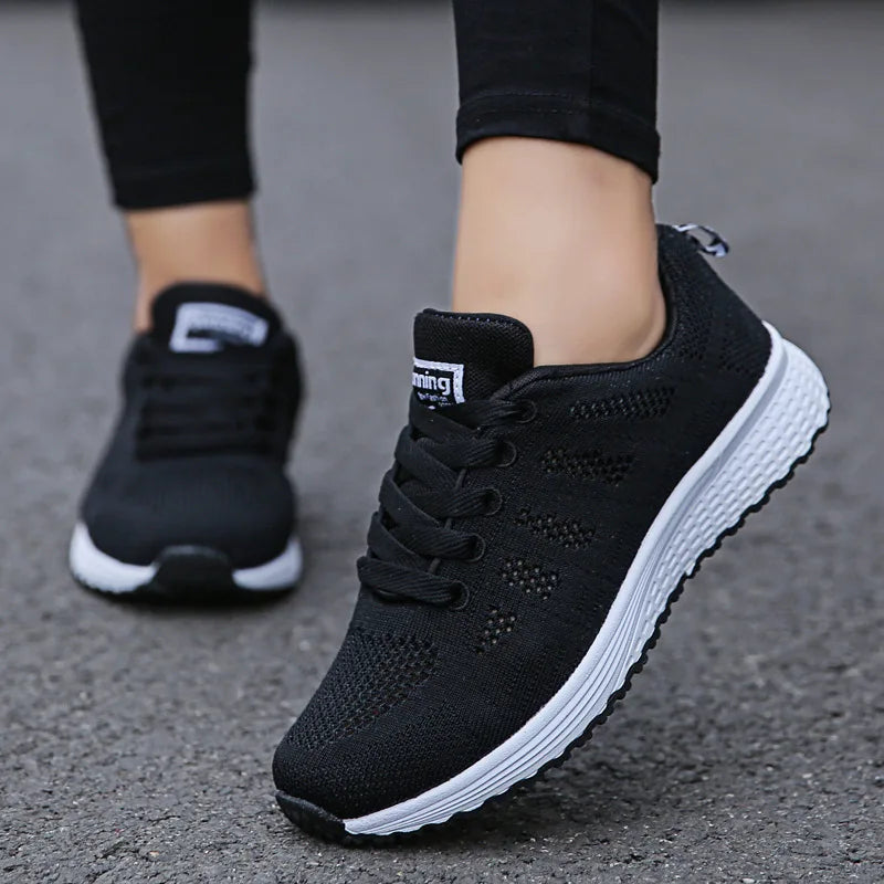 Women's Fashion Breathable Mesh Walking Shoes - Solid Pattern, Lace-up Closure, Flat Heel, Perfect for all seasons