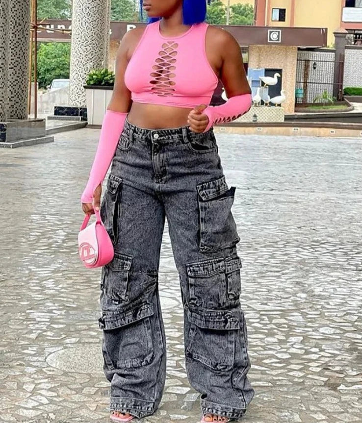 A pair of Street Chic Cargo Jeans in denim blue and gray, featuring button decorations and functional pockets. Made from polyester and cotton elastic denim, perfect for any season. High-waisted with a regular fit. Available in sizes S to 3XL. Designed for middle-aged women.