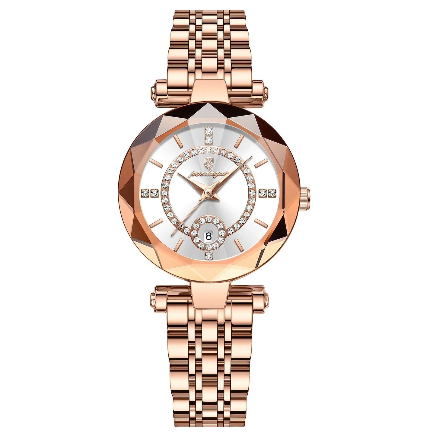 A close-up of a Diamond Ladies Quartz Watch featuring a round stainless steel case and bracelet. The watch dial displays the date and calendar, with water resistance up to 3Bar.