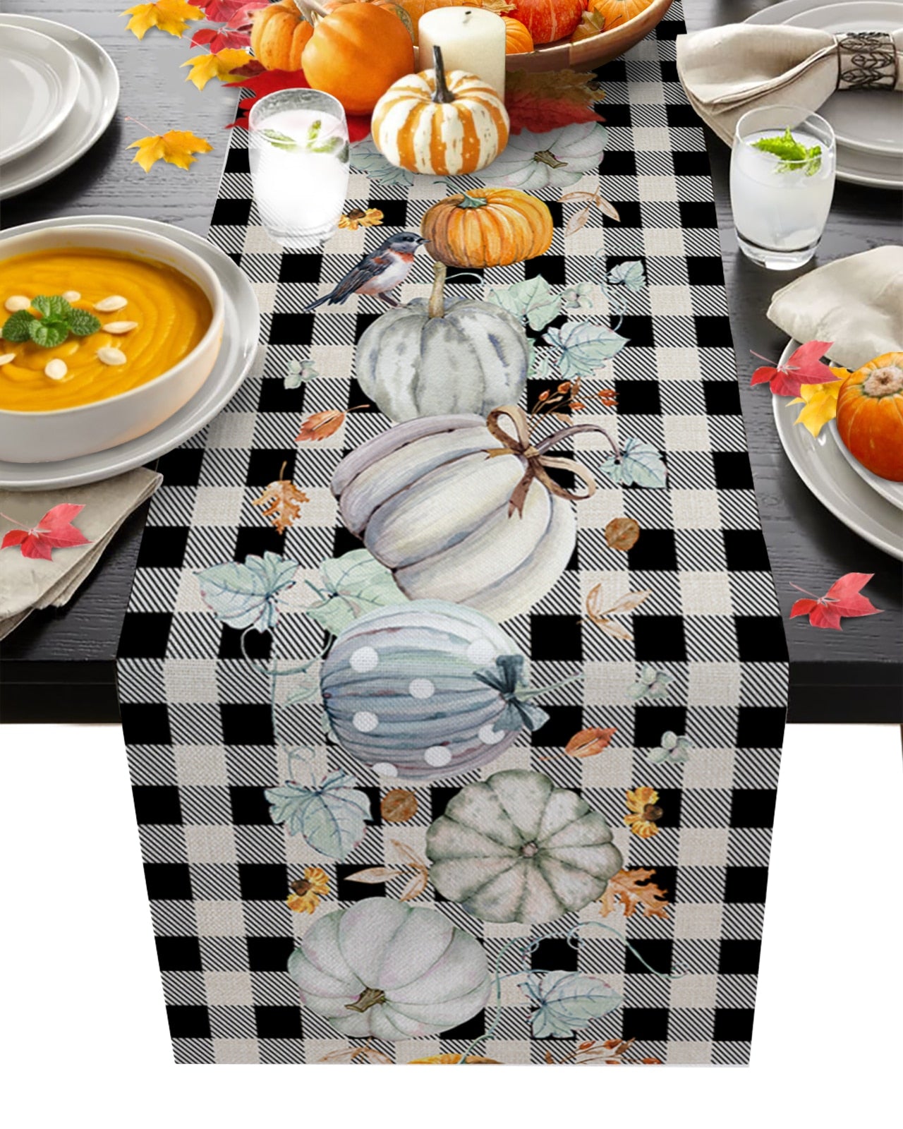Autumn Pumpkin Maple Dining Table Cloth - Nordic-inspired print, woven linen material. Elevate your dining space. Perfect for home or hotel use.