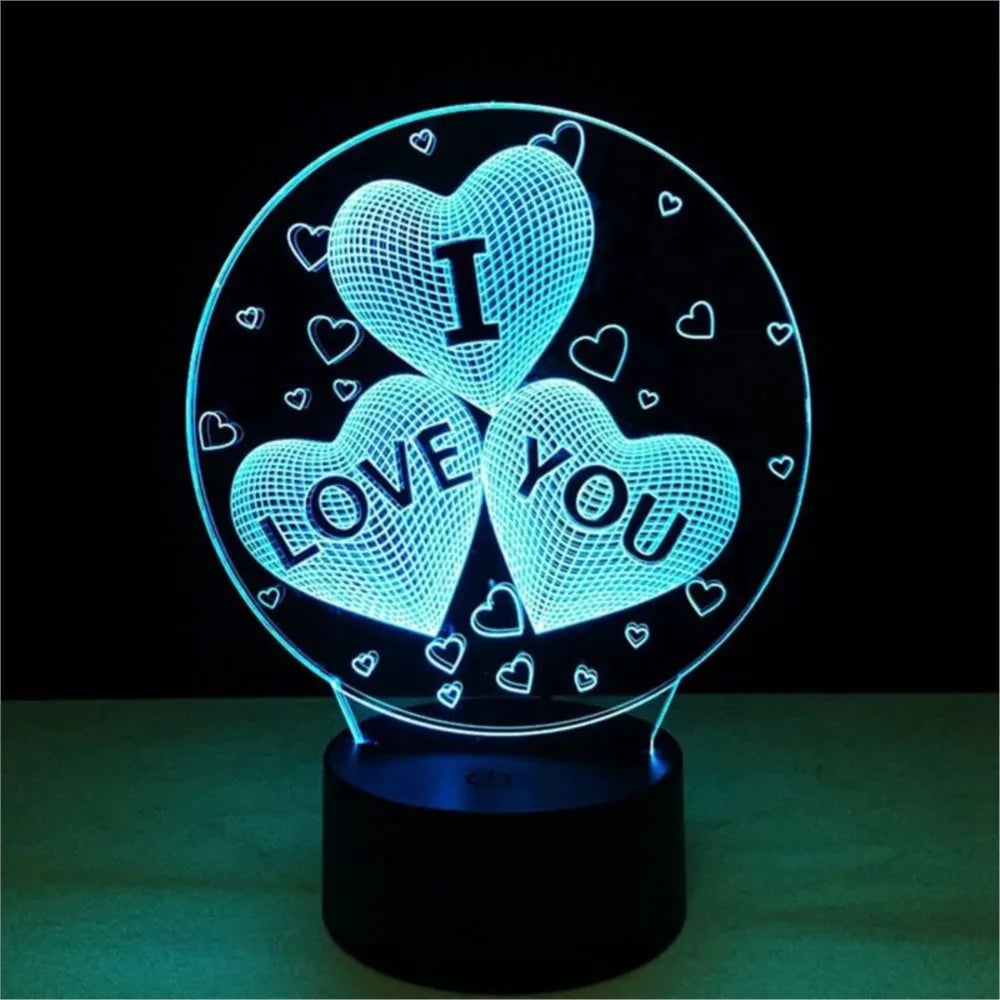 Love Heart 3D Night Light - Charming love heart design lamp with LED bulbs. Perfect as gift and holiday decorations. Powered via USB interface.