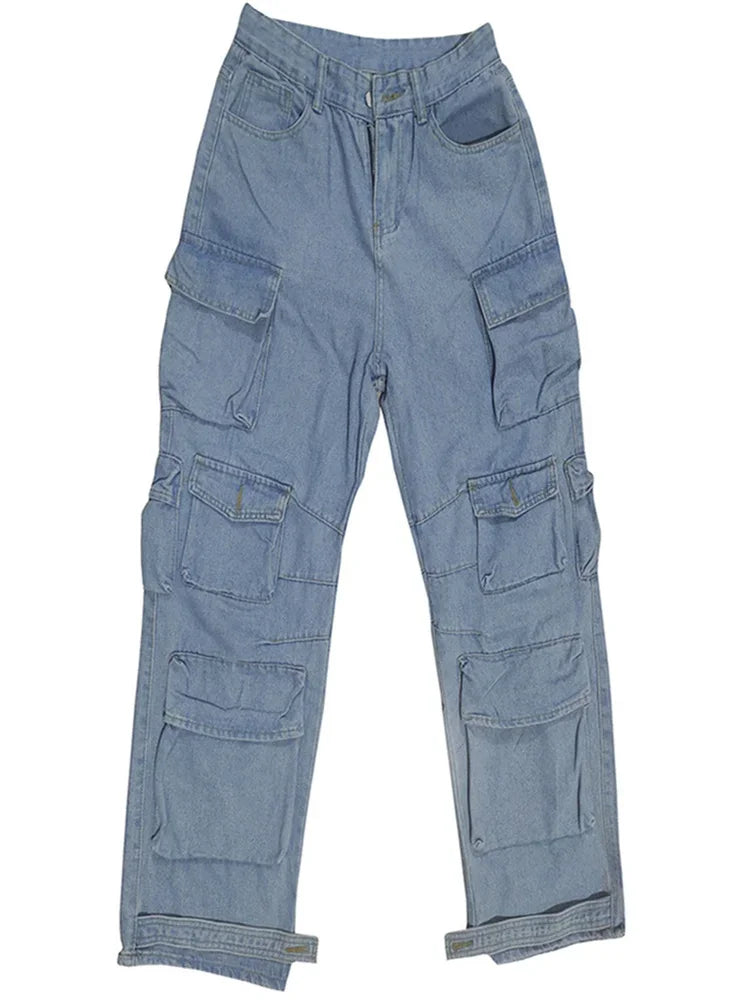 A pair of Street Chic Cargo Jeans in denim blue and gray, featuring button decorations and functional pockets. Made from polyester and cotton elastic denim, perfect for any season. High-waisted with a regular fit. Available in sizes S to 3XL. Designed for middle-aged women.