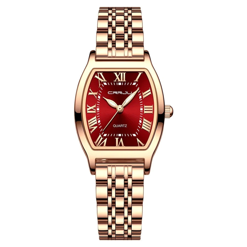 A close-up of a Steel Dress Bracelet Watch featuring a tonneau-shaped alloy case and stainless steel bracelet. The watch dial displays the time against a Hardlex window, with water resistance up to 3Bar.