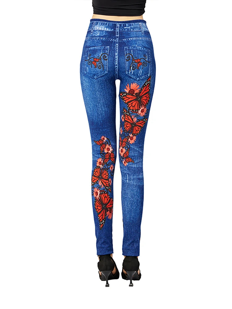 A pair of Butterfly Print High Waist Leggings featuring a geometric pattern. Made from a blend of polyester and spandex with high spandex content, perfect for all-season wear. Designed for middle-aged women. Ankle-length and high-waisted