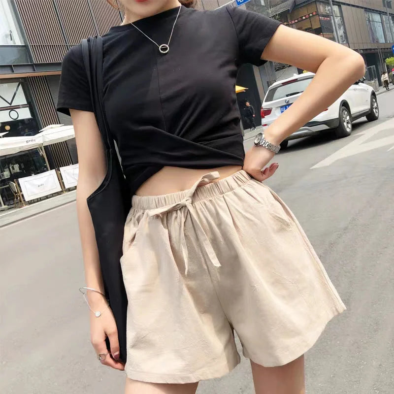 High-Waisted Casual Linen Shorts with bows, ribbons, sashes, and a distressed look, made from cotton-linen blend with an elastic waist, perfect for all-season wear.