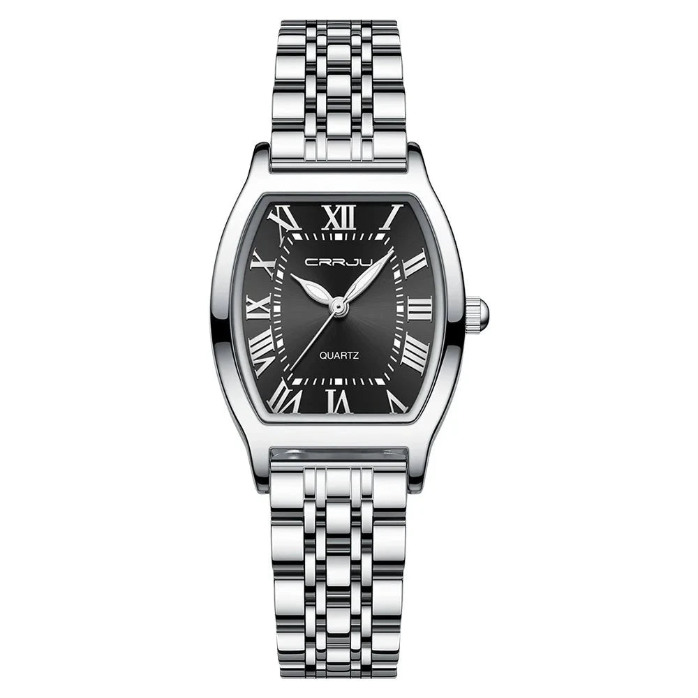A close-up of a Steel Dress Bracelet Watch featuring a tonneau-shaped alloy case and stainless steel bracelet. The watch dial displays the time against a Hardlex window, with water resistance up to 3Bar.