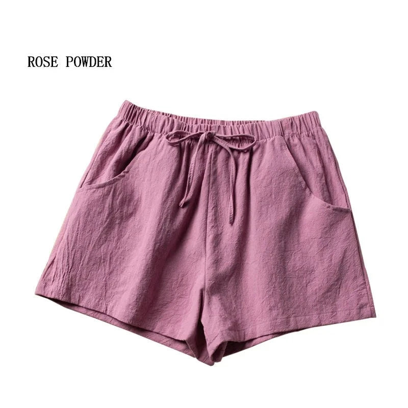 High-Waisted Casual Linen Shorts with bows, ribbons, sashes, and a distressed look, made from cotton-linen blend with an elastic waist, perfect for all-season wear.