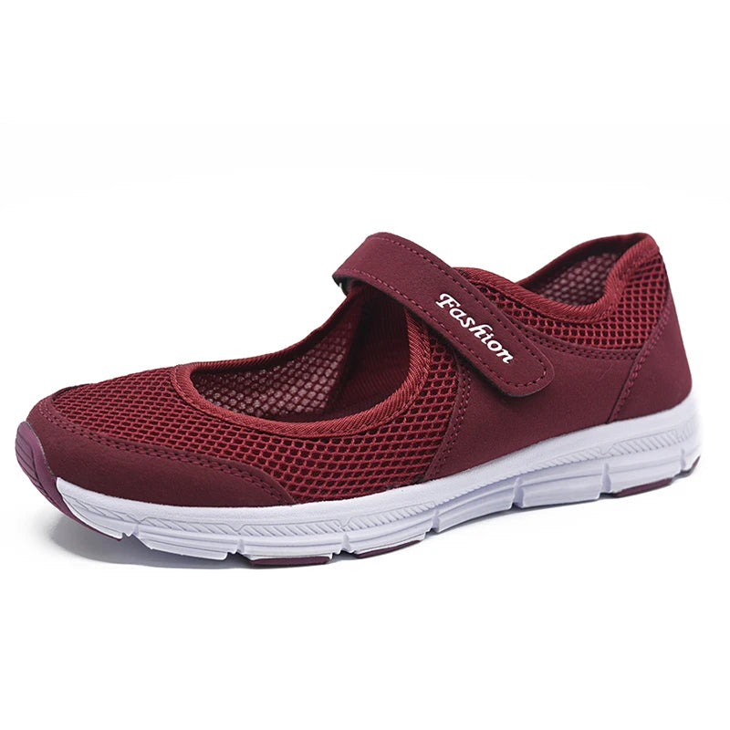 Women's Casual Lightweight Summer Sneakers - Breathable Mesh, Hook & Loop Closure, Flat Heel, Perfect for Summer