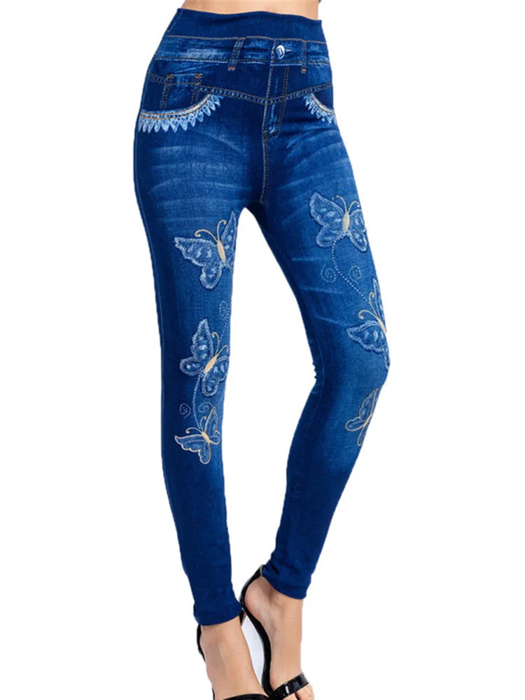 A pair of Butterfly Print High Waist Leggings featuring a geometric pattern. Made from a blend of polyester and spandex with high spandex content, perfect for all-season wear. Designed for middle-aged women. Ankle-length and high-waisted