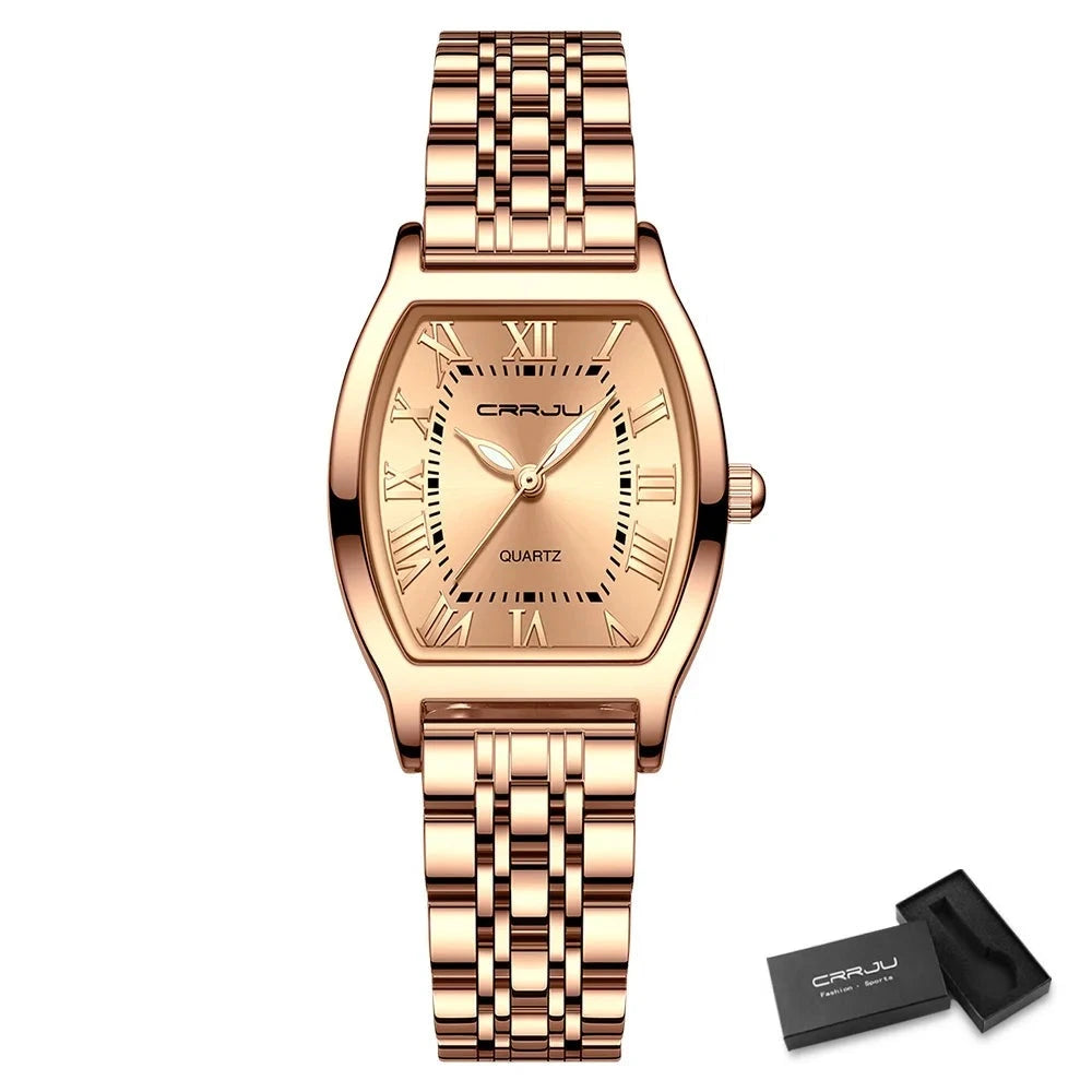 A close-up of a Steel Dress Bracelet Watch featuring a tonneau-shaped alloy case and stainless steel bracelet. The watch dial displays the time against a Hardlex window, with water resistance up to 3Bar.