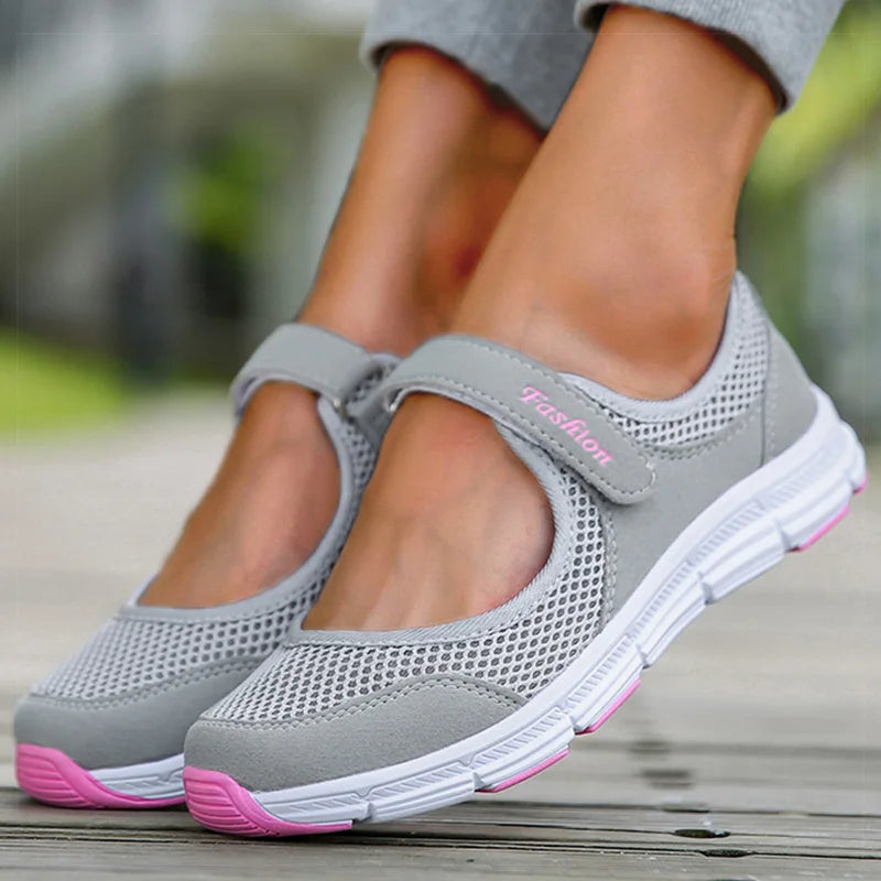 Women's Casual Lightweight Summer Sneakers - Breathable Mesh, Hook & Loop Closure, Flat Heel, Perfect for Summer