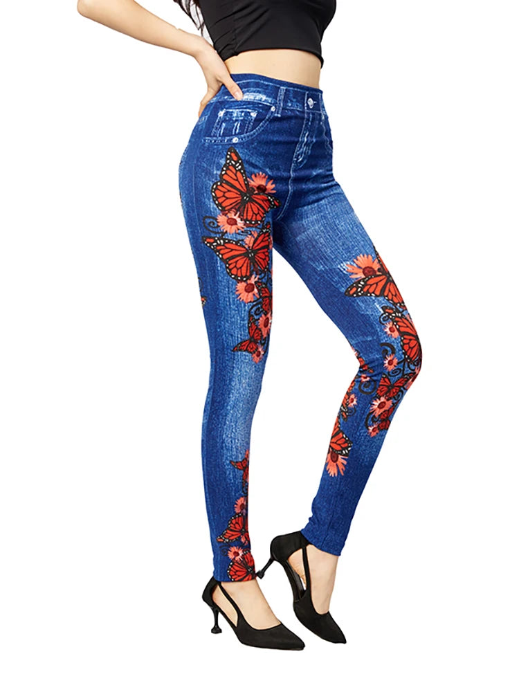 A pair of Butterfly Print High Waist Leggings featuring a geometric pattern. Made from a blend of polyester and spandex with high spandex content, perfect for all-season wear. Designed for middle-aged women. Ankle-length and high-waisted