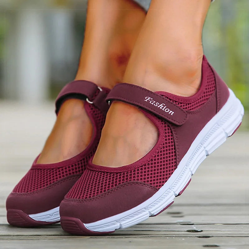 Women's Casual Lightweight Summer Sneakers - Breathable Mesh, Hook & Loop Closure, Flat Heel, Perfect for Summer