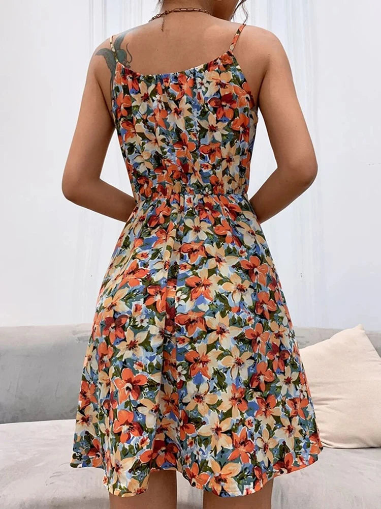 Floral Print Backless Sundress with empire waistline, spaghetti strap neckline, and A-LINE silhouette. Made from POLYESTER and SPANDEX blend, featuring lace-up detail. Perfect summer fashion from True Radiant Treasures..