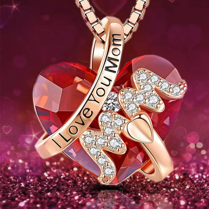 Crystal Heart 'Mom' Necklace - Classic heart-shaped pendant necklace with sparkling crystals, made from zinc alloy. Ideal for women, perfect for parties and special occasions.