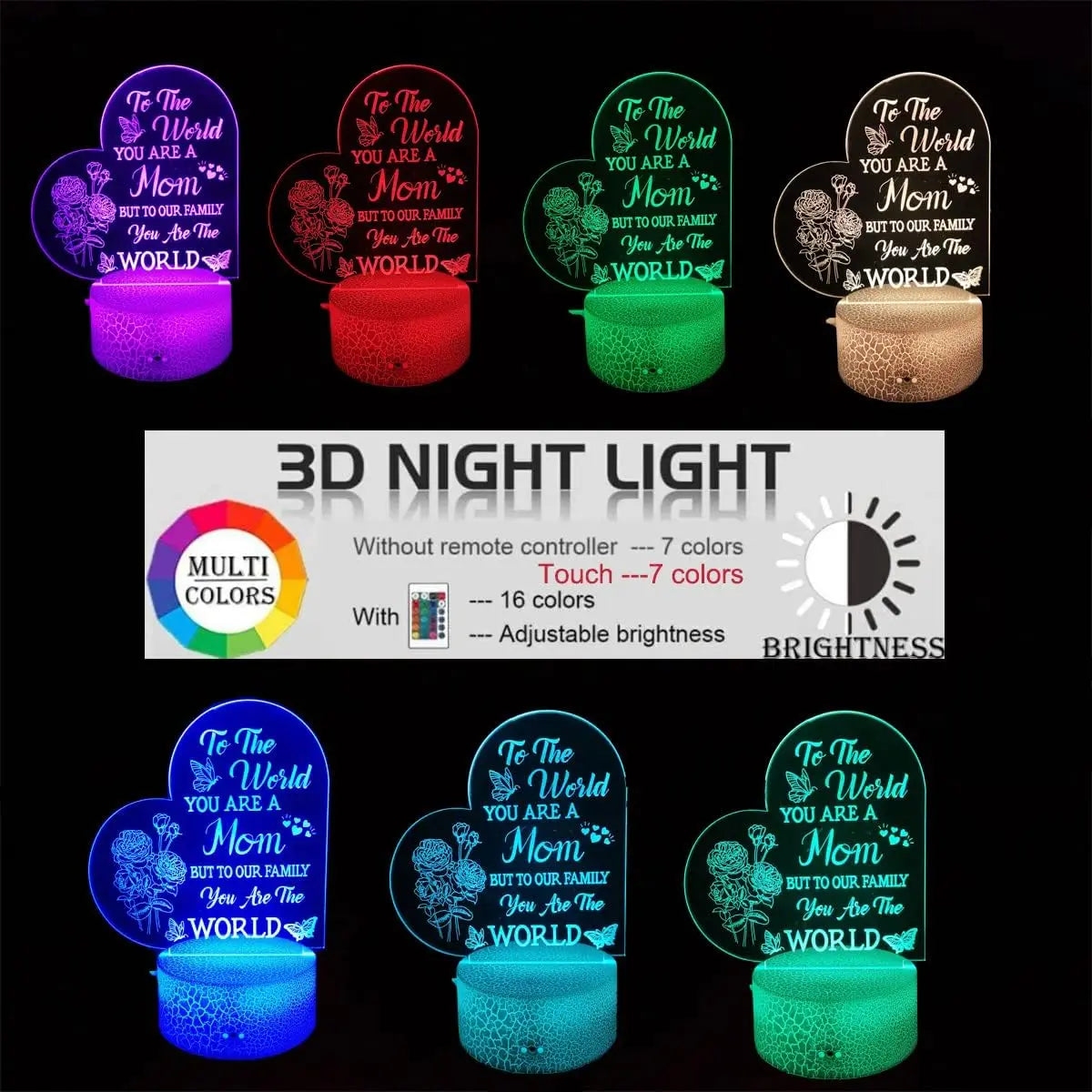 A close-up of an Engraved Acrylic Mom Night Light with LED bulbs, featuring a DIY shape and engraved with heartfelt sentiments. The night light is illuminated with a warm glow, perfect for bedroom decor.