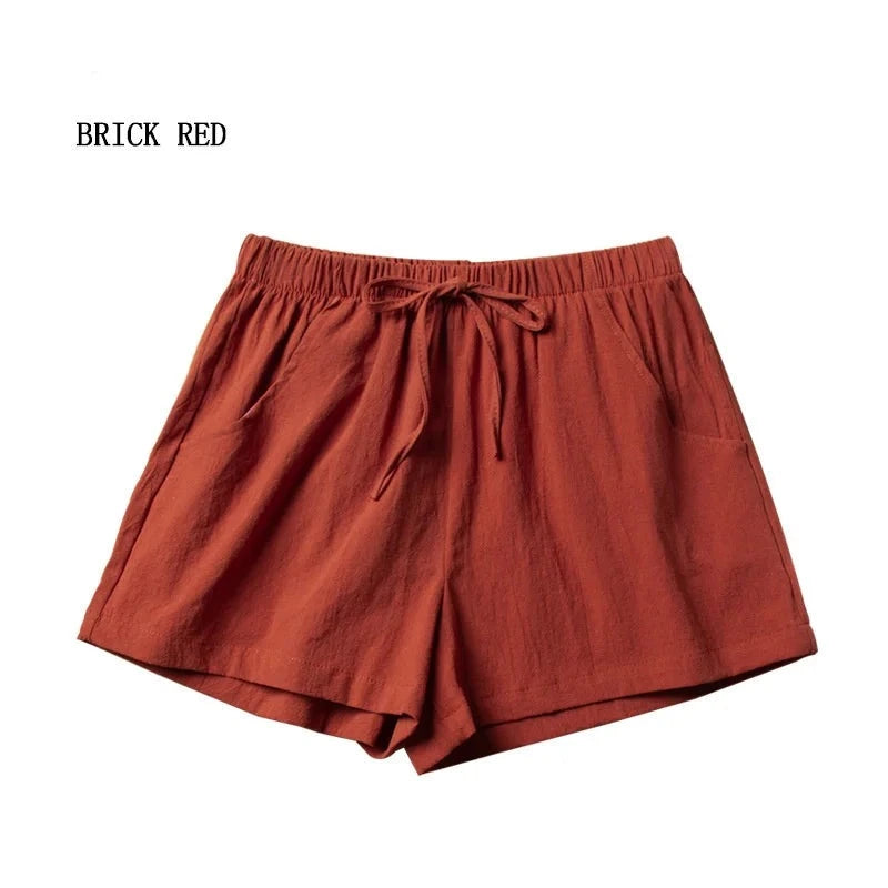 High-Waisted Casual Linen Shorts with bows, ribbons, sashes, and a distressed look, made from cotton-linen blend with an elastic waist, perfect for all-season wear.