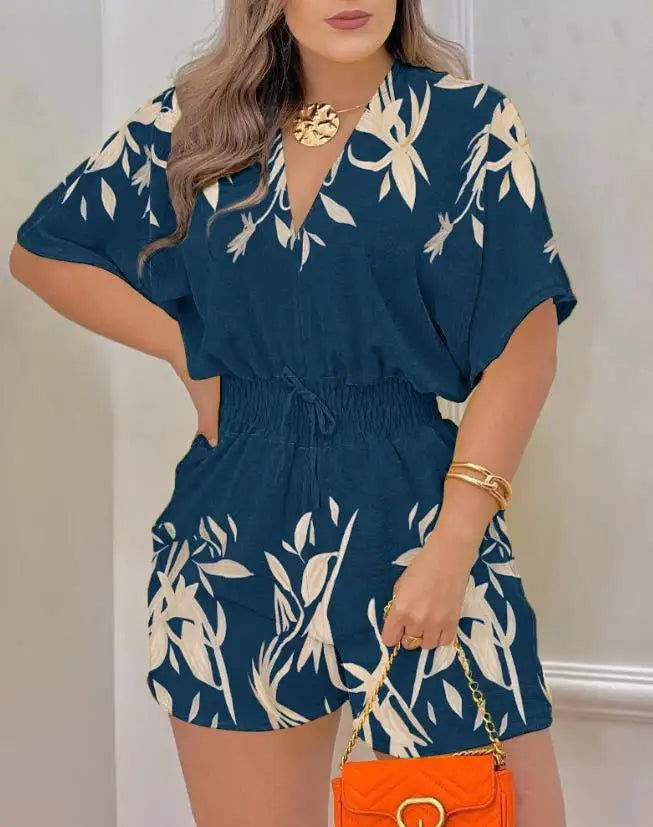 Summer Batwing Sleeve Jumpsuit in POLYESTER broadcloth, featuring a high street design, mid-waist, and pencil pants pattern. Loose fit with shirred decoration. Ideal summer fashion for women.