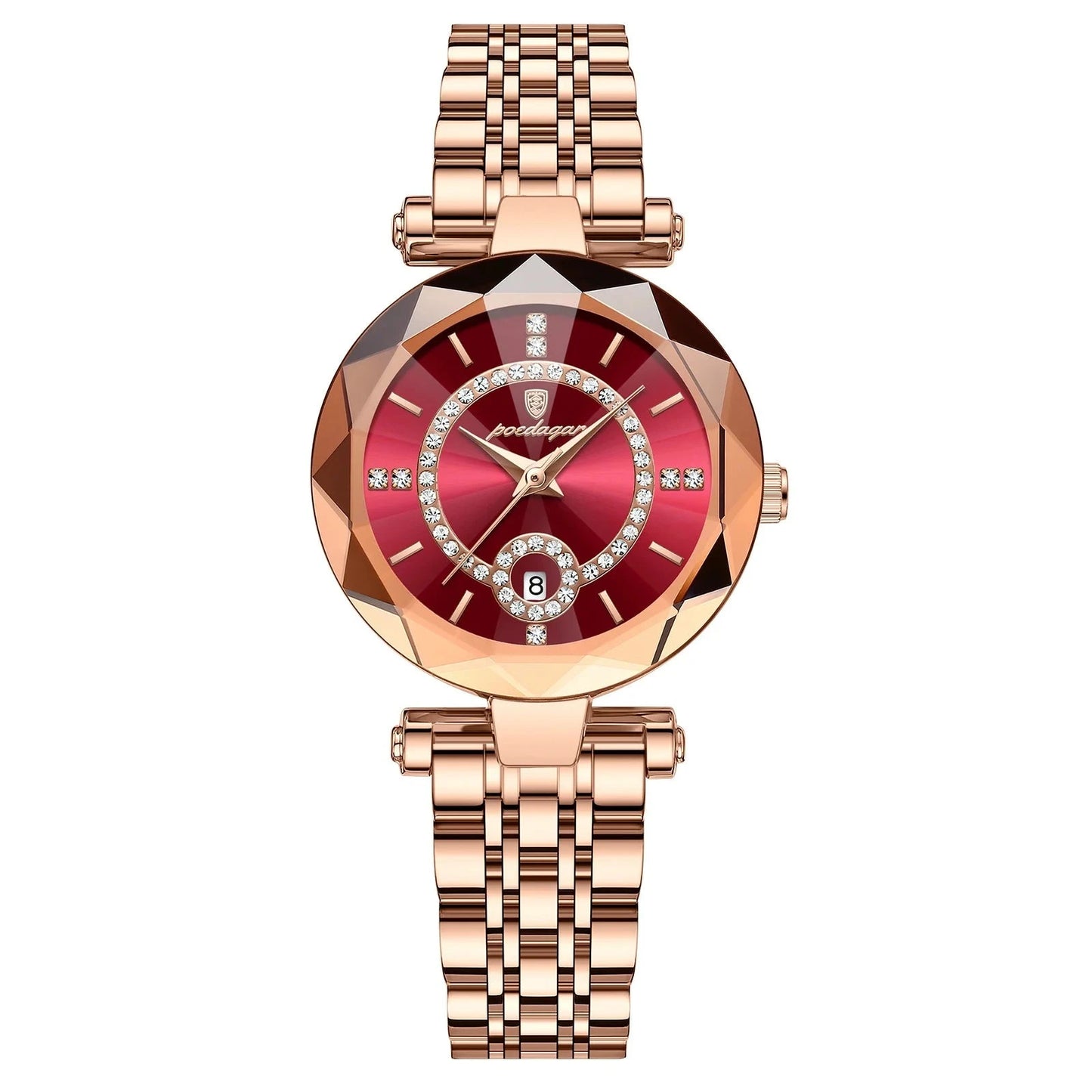 A close-up of a Diamond Ladies Quartz Watch featuring a round stainless steel case and bracelet. The watch dial displays the date and calendar, with water resistance up to 3Bar.