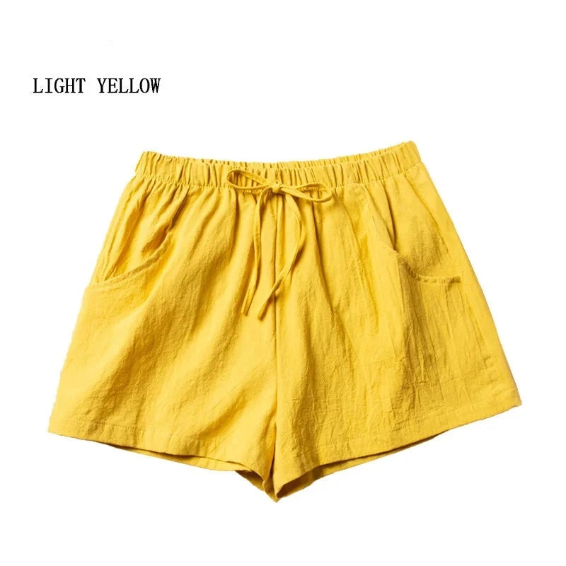 High-Waisted Casual Linen Shorts with bows, ribbons, sashes, and a distressed look, made from cotton-linen blend with an elastic waist, perfect for all-season wear.