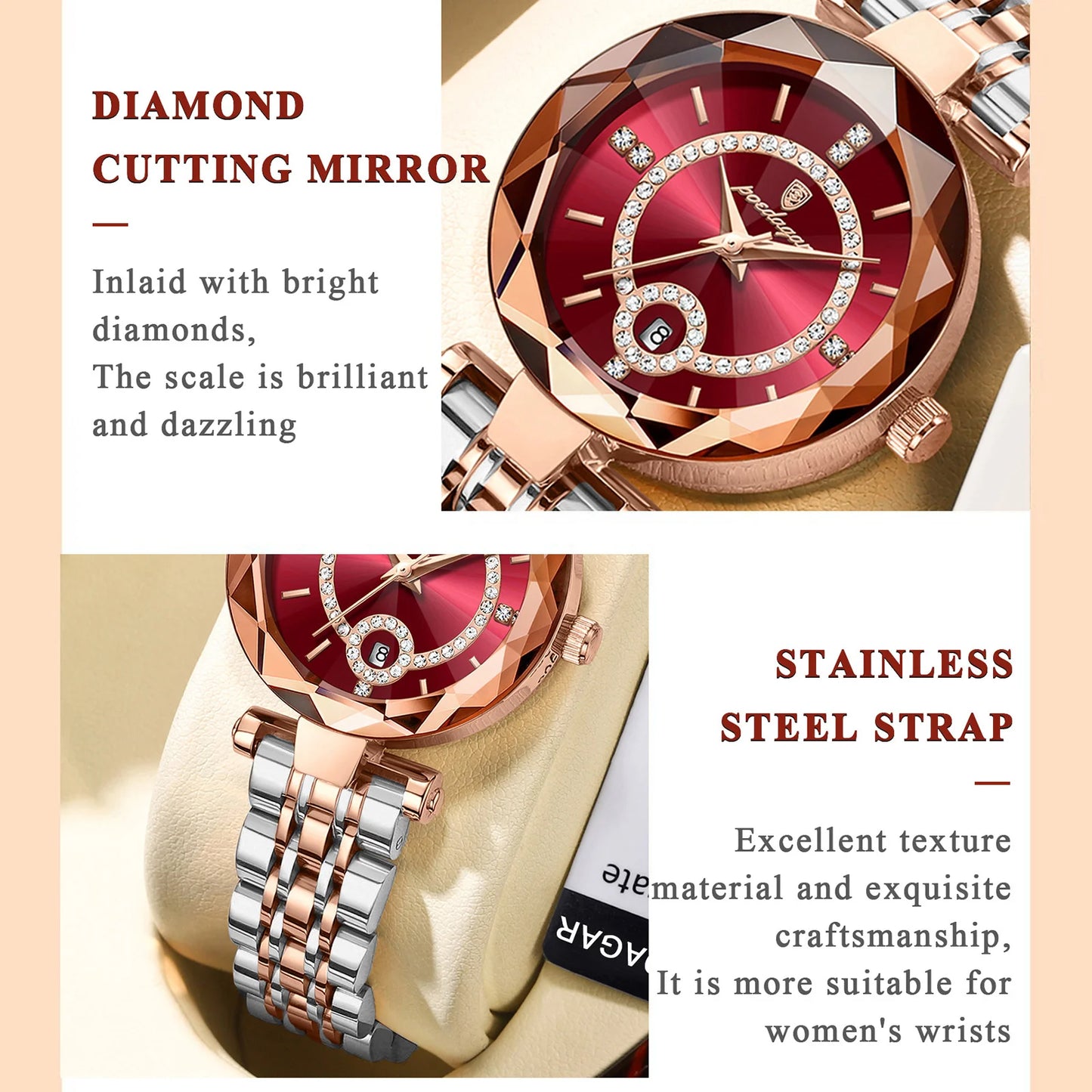 A close-up of a Diamond Ladies Quartz Watch featuring a round stainless steel case and bracelet. The watch dial displays the date and calendar, with water resistance up to 3Bar.