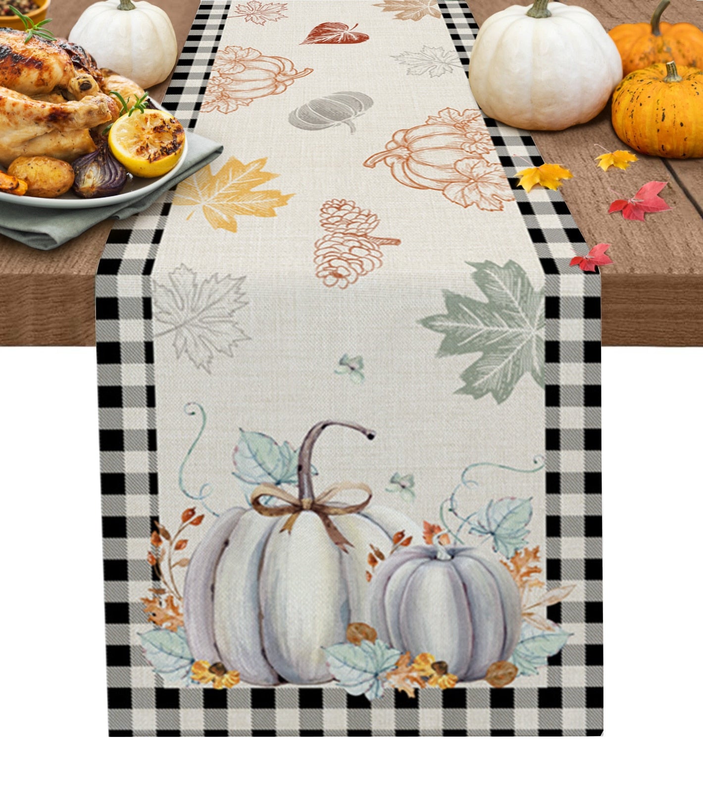 Autumn Pumpkin Maple Dining Table Cloth - Nordic-inspired print, woven linen material. Elevate your dining space. Perfect for home or hotel use.