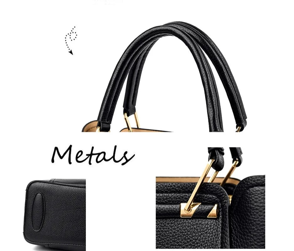 A stylish soft leather triple layer crossbody tote handbag with letter and kangaroo pendant decorations, perfect for women on the go.