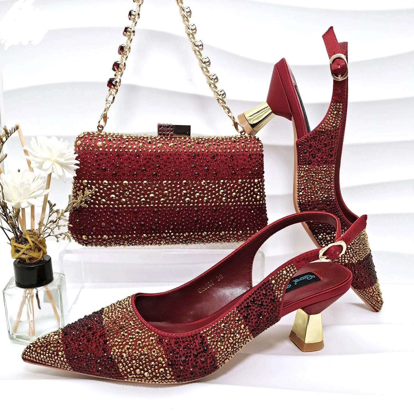 Image of Fashion Forward Strange Style Slingback Pumps in red color, featuring a pointed toe, super high strange style heel, and crystal embellishments. Perfect for parties and special occasions.