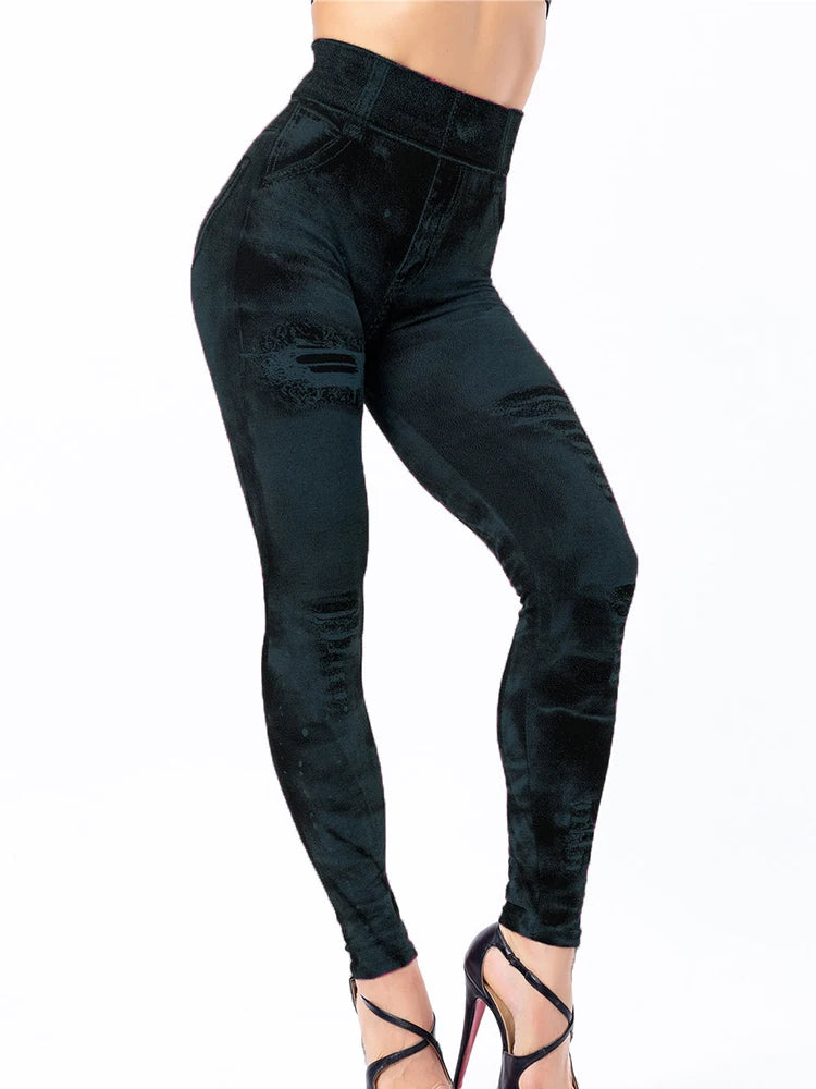 A pair of Butterfly Print High Waist Leggings featuring a geometric pattern. Made from a blend of polyester and spandex with high spandex content, perfect for all-season wear. Designed for middle-aged women. Ankle-length and high-waisted