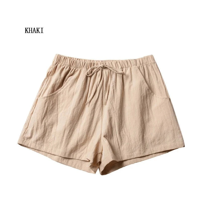 High-Waisted Casual Linen Shorts with bows, ribbons, sashes, and a distressed look, made from cotton-linen blend with an elastic waist, perfect for all-season wear.