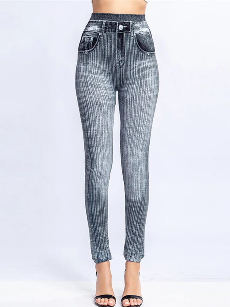 A pair of Butterfly Print High Waist Leggings featuring a geometric pattern. Made from a blend of polyester and spandex with high spandex content, perfect for all-season wear. Designed for middle-aged women. Ankle-length and high-waisted