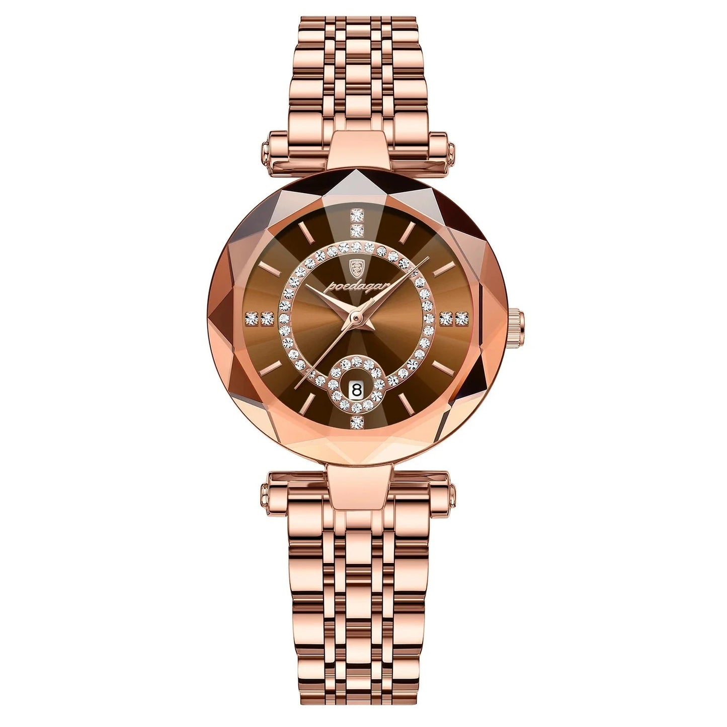 A close-up of a Diamond Ladies Quartz Watch featuring a round stainless steel case and bracelet. The watch dial displays the date and calendar, with water resistance up to 3Bar.