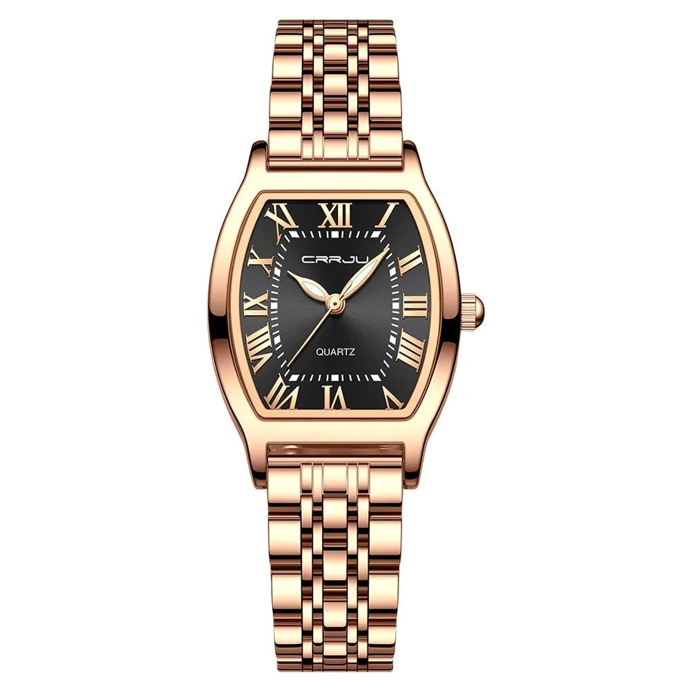 A close-up of a Steel Dress Bracelet Watch featuring a tonneau-shaped alloy case and stainless steel bracelet. The watch dial displays the time against a Hardlex window, with water resistance up to 3Bar.