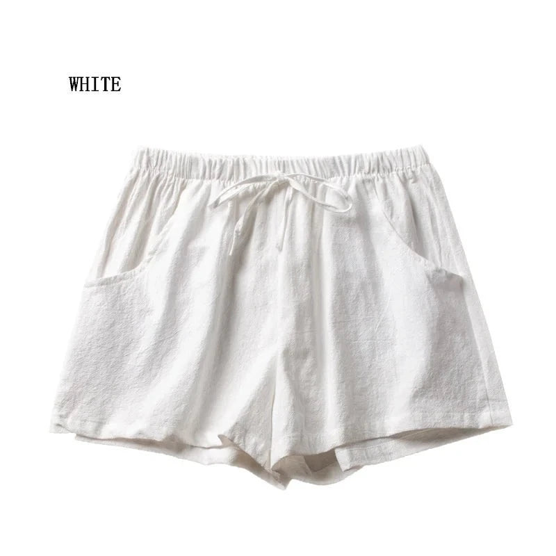 High-Waisted Casual Linen Shorts with bows, ribbons, sashes, and a distressed look, made from cotton-linen blend with an elastic waist, perfect for all-season wear.