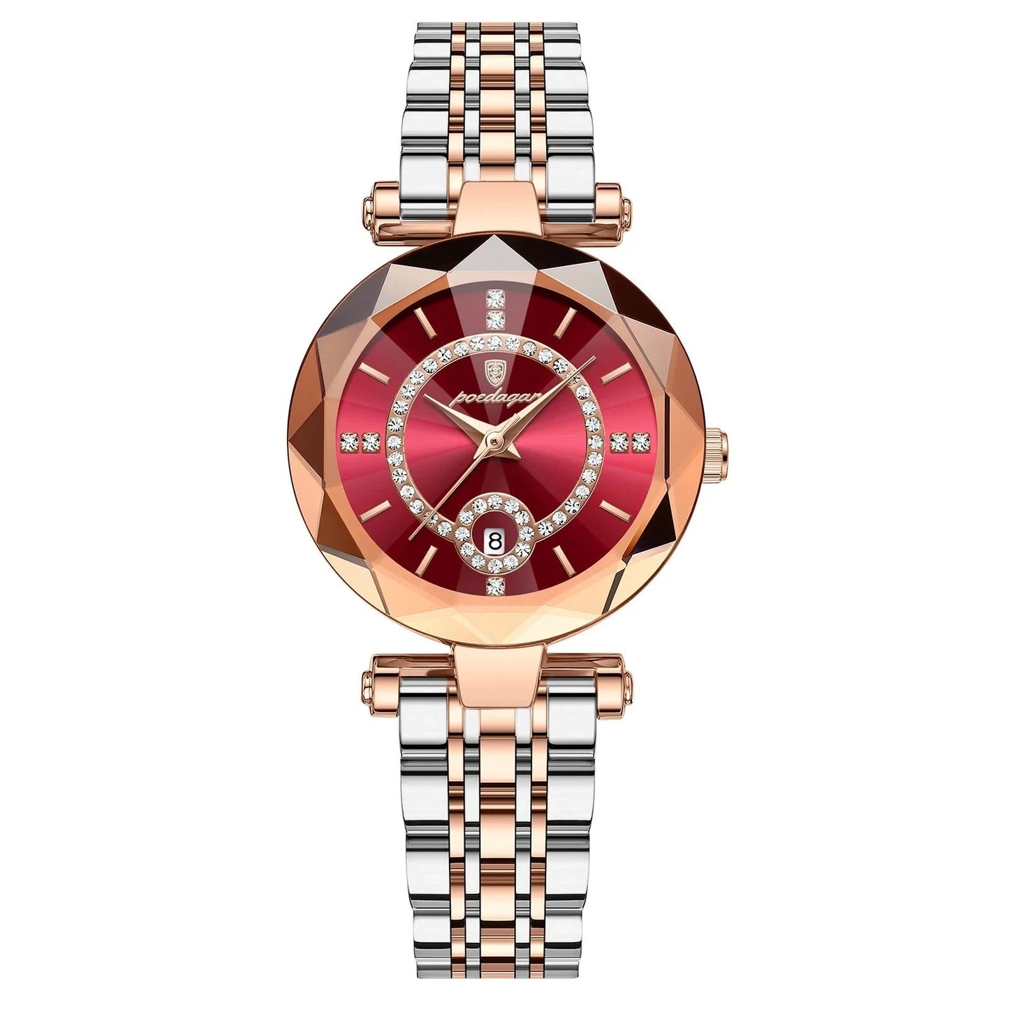 A close-up of a Diamond Ladies Quartz Watch featuring a round stainless steel case and bracelet. The watch dial displays the date and calendar, with water resistance up to 3Bar.
