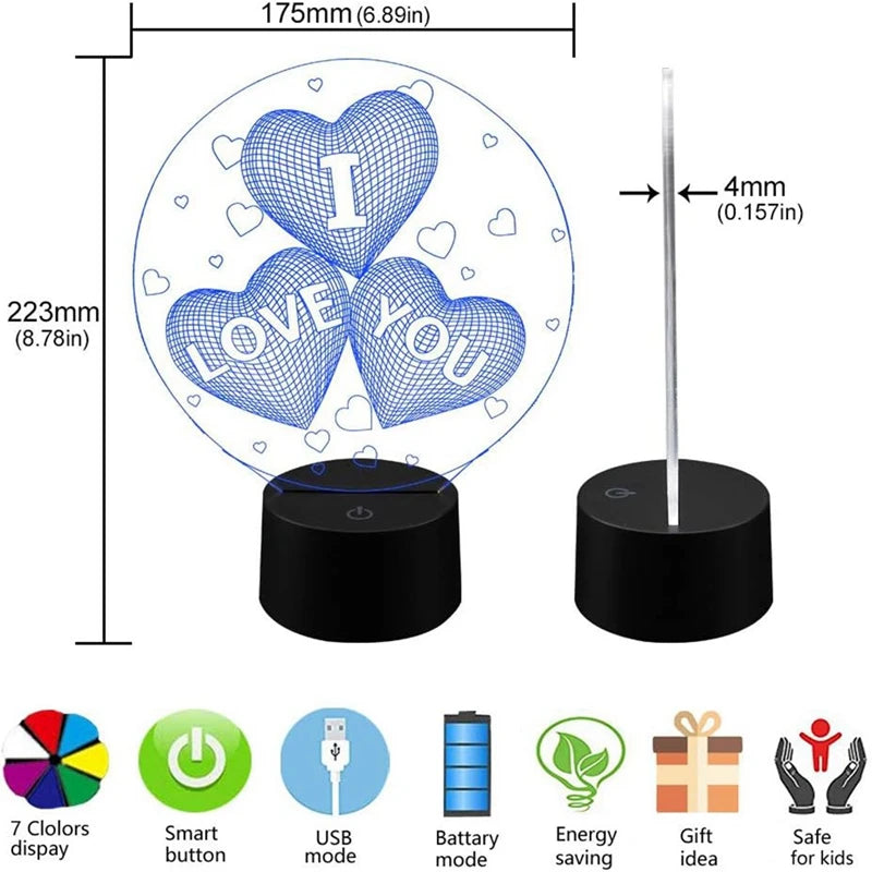 Love Heart 3D Night Light - Charming love heart design lamp with LED bulbs. Perfect as gift and holiday decorations. Powered via USB interface.
