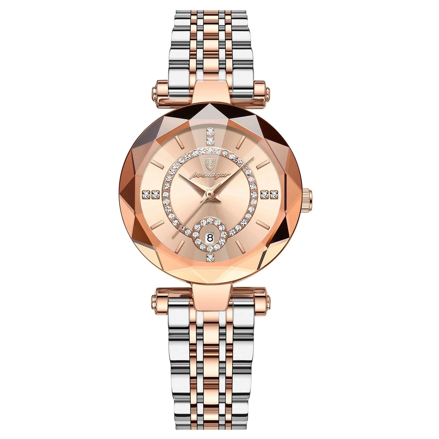 A close-up of a Diamond Ladies Quartz Watch featuring a round stainless steel case and bracelet. The watch dial displays the date and calendar, with water resistance up to 3Bar.