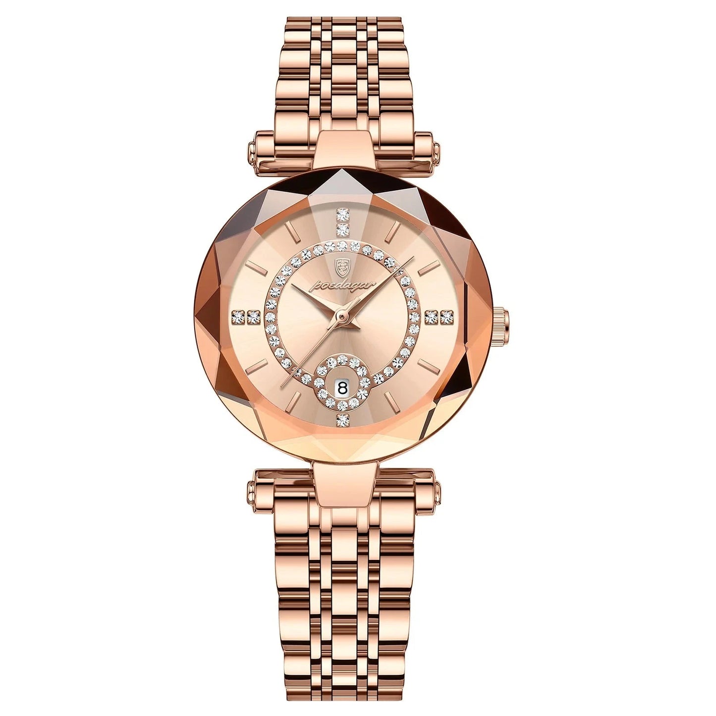 A close-up of a Diamond Ladies Quartz Watch featuring a round stainless steel case and bracelet. The watch dial displays the date and calendar, with water resistance up to 3Bar.