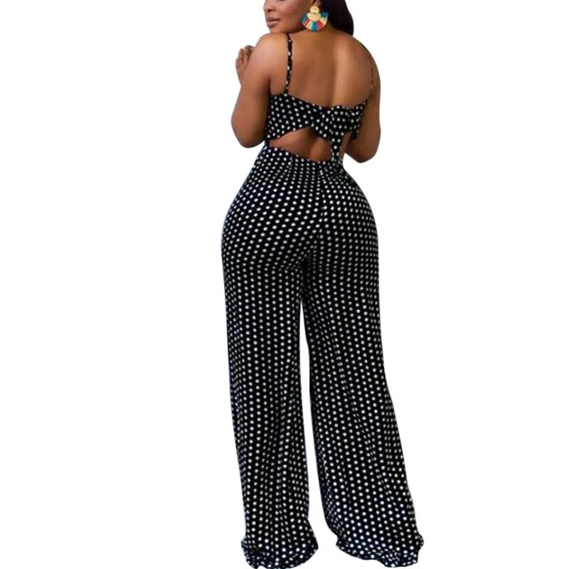 Backless polka dot high waist women's jumpsuit - back view