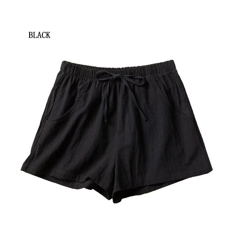 High-Waisted Casual Linen Shorts with bows, ribbons, sashes, and a distressed look, made from cotton-linen blend with an elastic waist, perfect for all-season wear.
