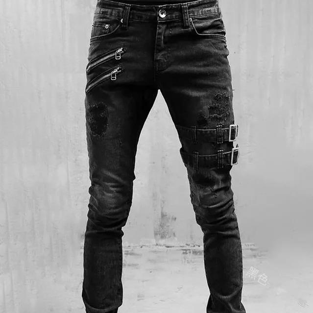 Men's Fashion Street Style Ripped Skinny Jeans with stonewashed and distressed details. Perfect for spring and autumn street style.
