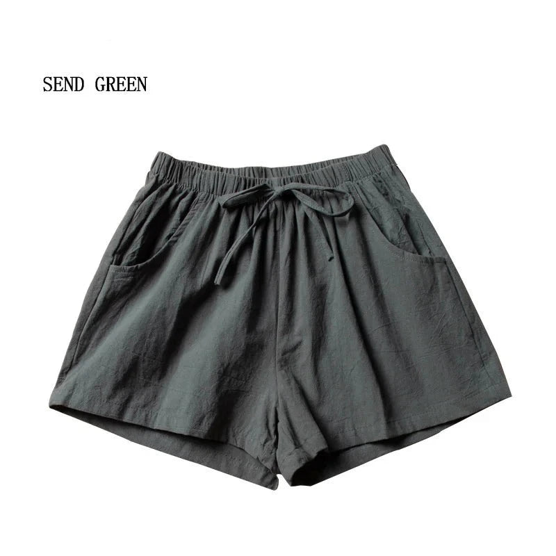 High-Waisted Casual Linen Shorts with bows, ribbons, sashes, and a distressed look, made from cotton-linen blend with an elastic waist, perfect for all-season wear.