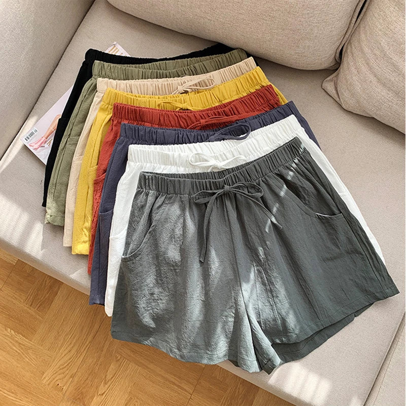 High-Waisted Casual Linen Shorts with bows, ribbons, sashes, and a distressed look, made from cotton-linen blend with an elastic waist, perfect for all-season wear.