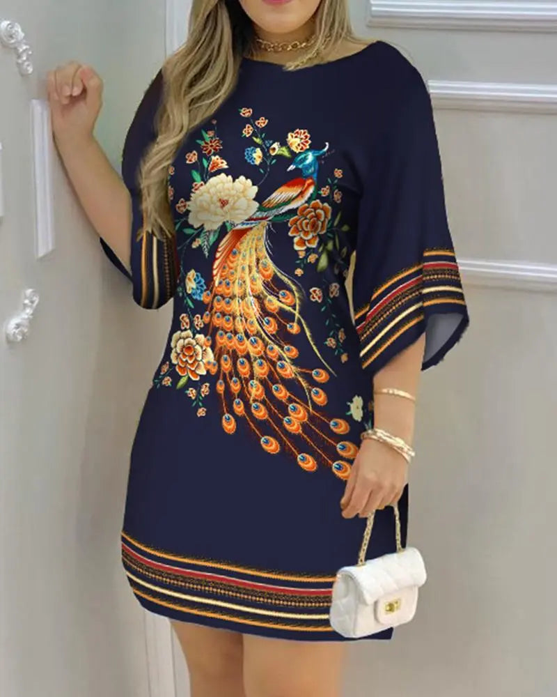 Spring Fashion Peacock Print Loose Dress - Non-stretch polyester fabric with loose fit silhouette. A-line cut with O-neckline. Vintage-inspired peacock print. Above knee length. Made from synthetic fiber material. Ideal for middle-aged women.