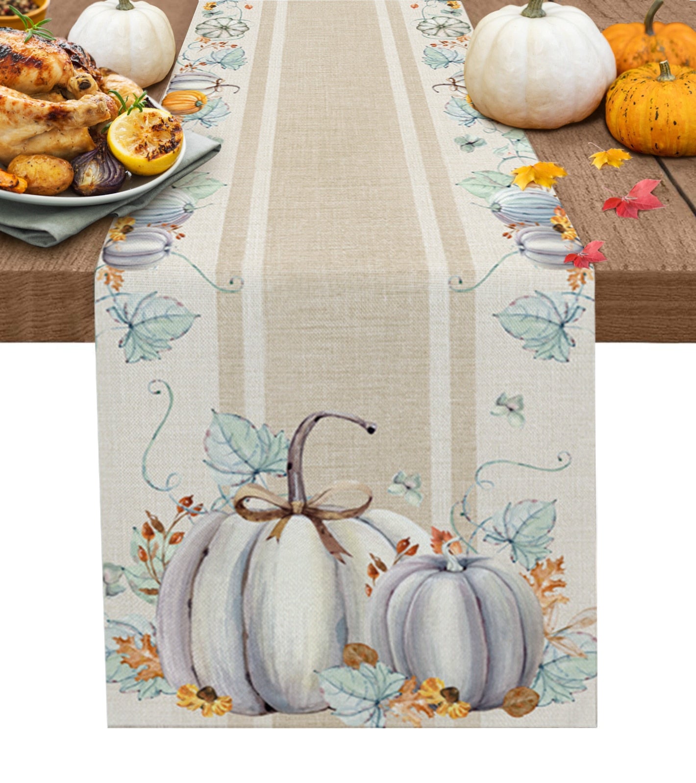 Autumn Pumpkin Maple Dining Table Cloth - Nordic-inspired print, woven linen material. Elevate your dining space. Perfect for home or hotel use.