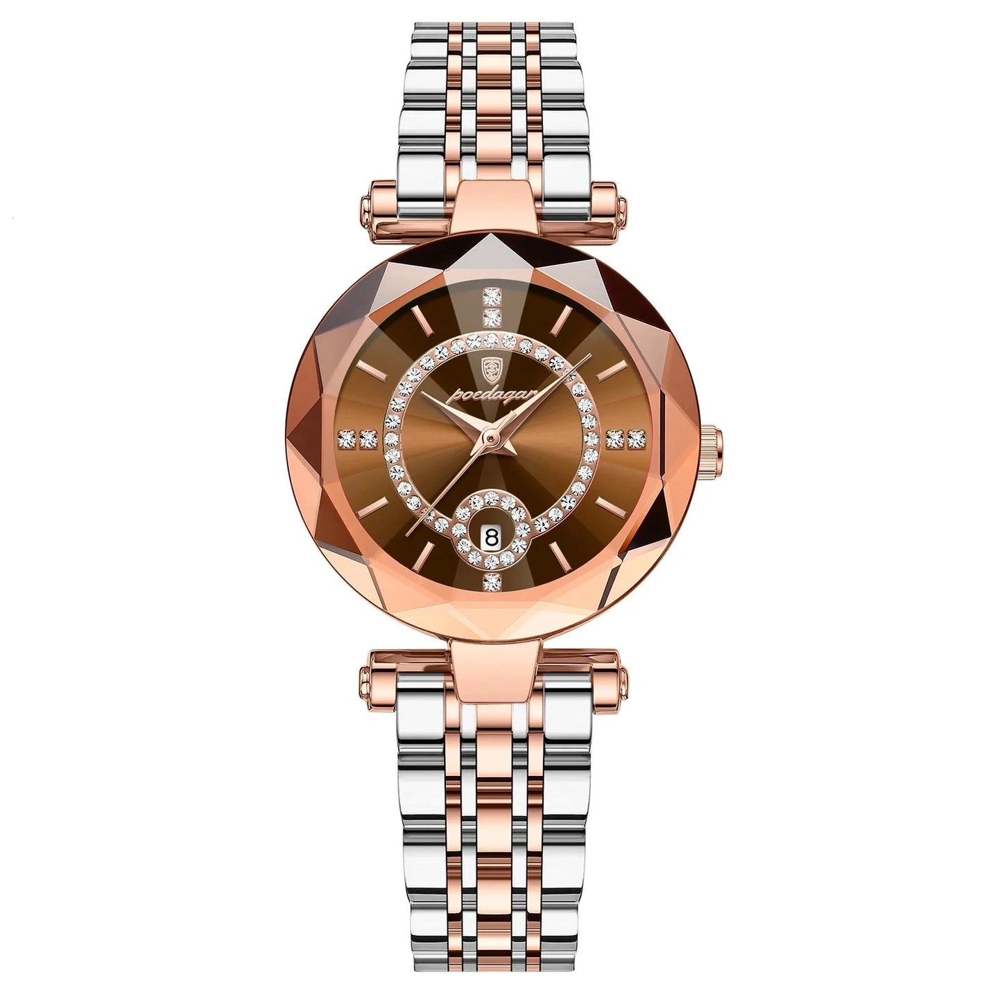 A close-up of a Diamond Ladies Quartz Watch featuring a round stainless steel case and bracelet. The watch dial displays the date and calendar, with water resistance up to 3Bar.