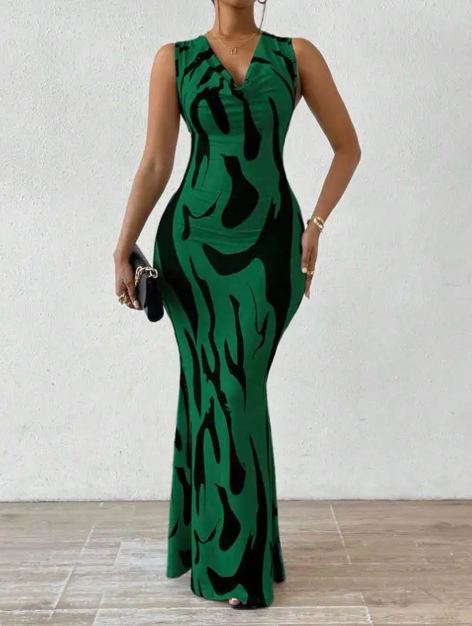 Woman wearing a sleeveless V-neck wrap midi dress with printed pattern, slim fit, ankle-length – elegant summer office style
