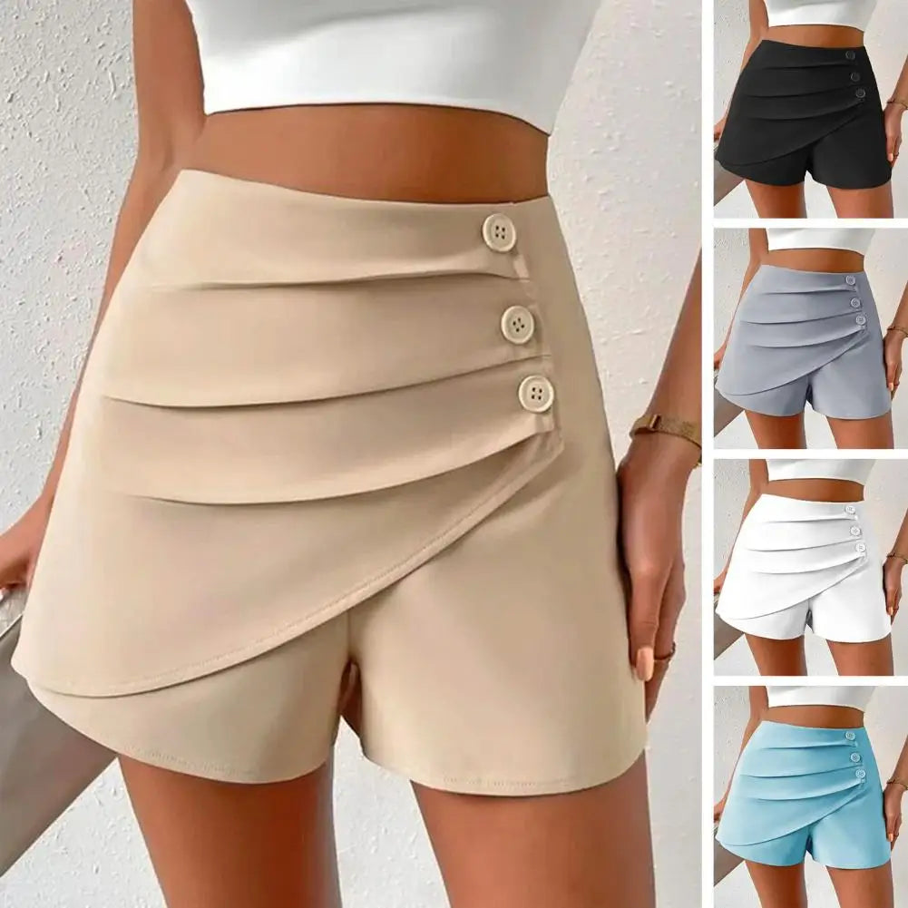 High Waist Asymmetrical Summer Shorts with button and pocket decorations, made from nylon cotton and polyester, perfect for casual wear.