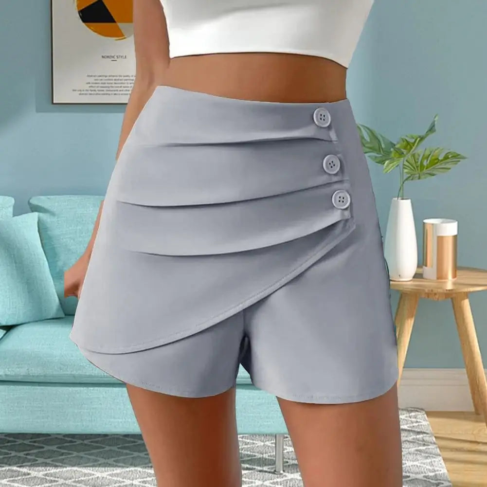 High Waist Asymmetrical Summer Shorts with button and pocket decorations, made from nylon cotton and polyester, perfect for casual wear.